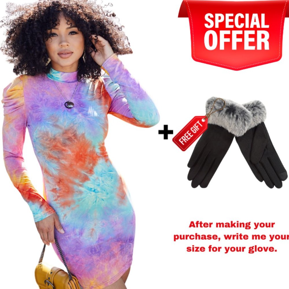 Womens Long Sleeve dress Colorfull Tie Dye Bodycon - Picture 8 of 8